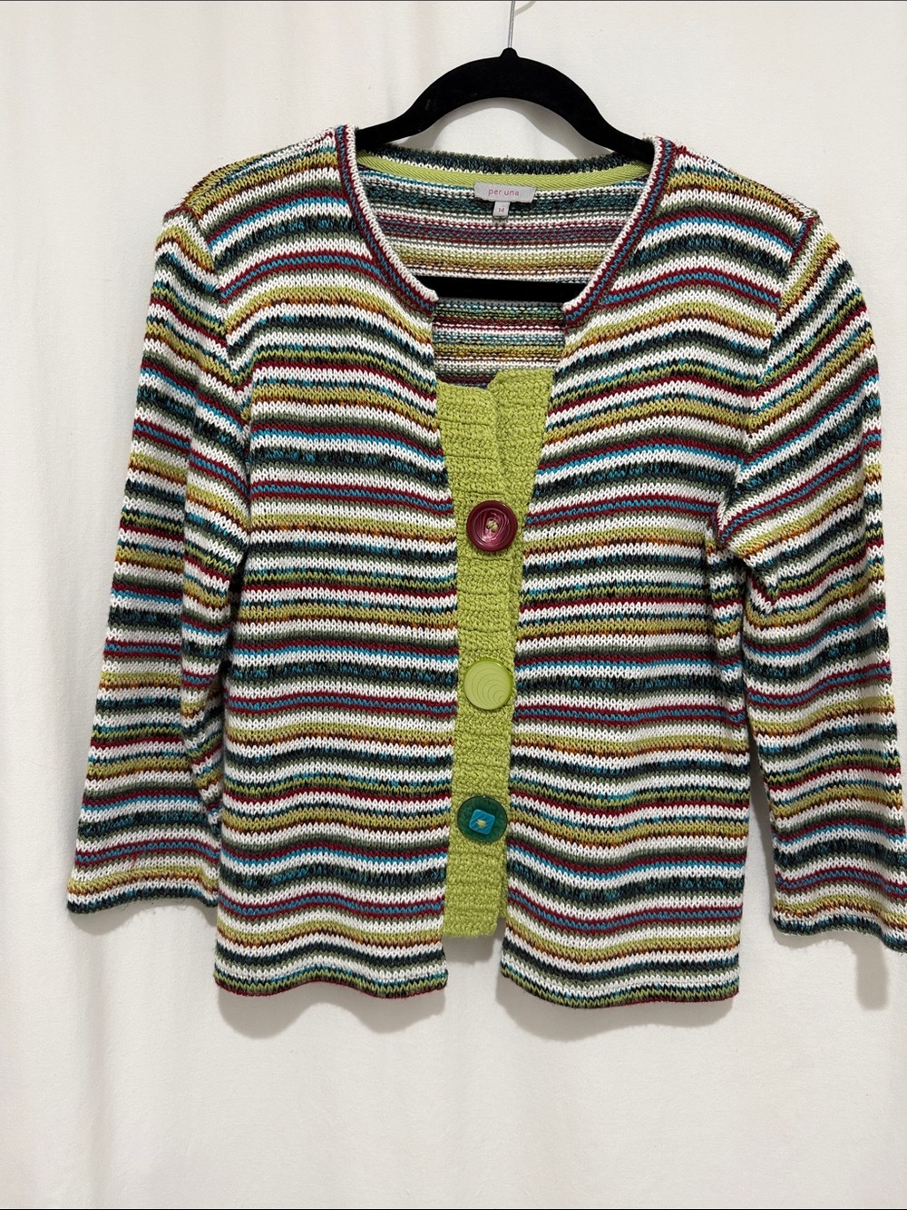 Per Una Multicolor Striped Knit Cardigan Chunky Statement Buttons Size 10 /UK 14